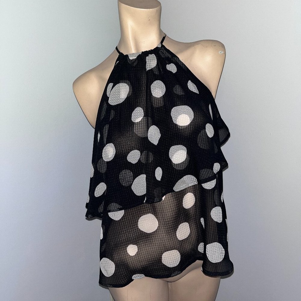 Black and White Pokka Dot Sheer Chiffon Keyhole Flowy Top